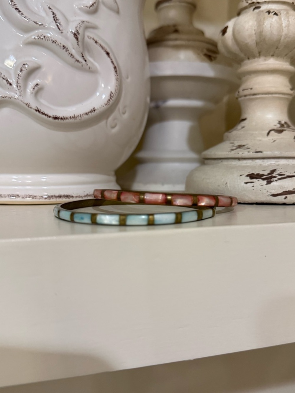 2 Dyed Mother of Pearl Inlaid Brass Bangles - Pink and Blue